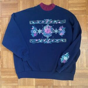 Vintage Funnel Neck Mock Neck Sweatshirt Floral Snowflake Morning Sun Womens L